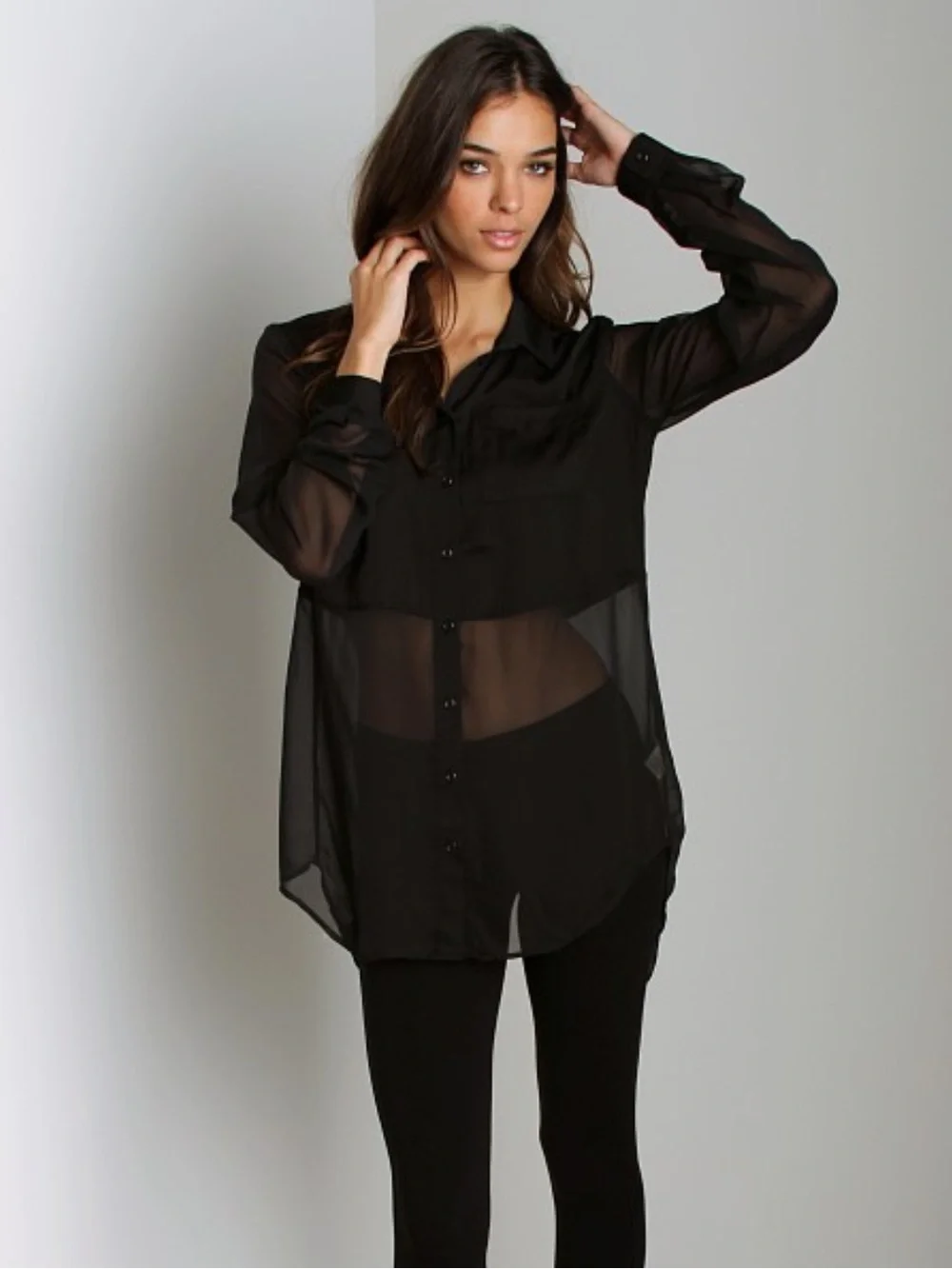 Free People Best of Both Worlds Black Sheer Button-Up Blouse Size XS